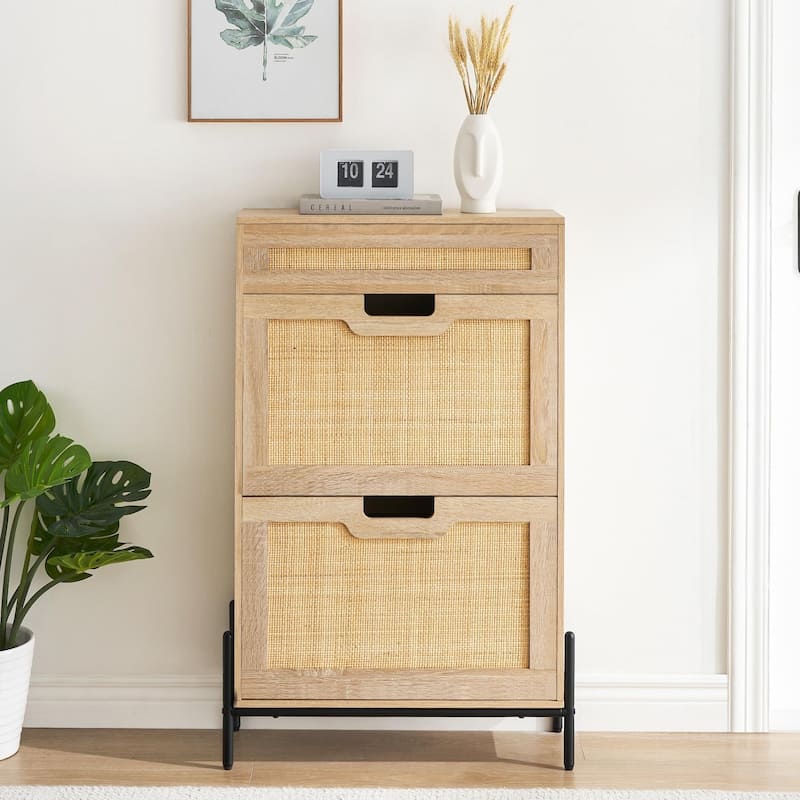 Natural Rattan 2 Flip Door with 1 Drawer Shoe Rack Storage Cabinet