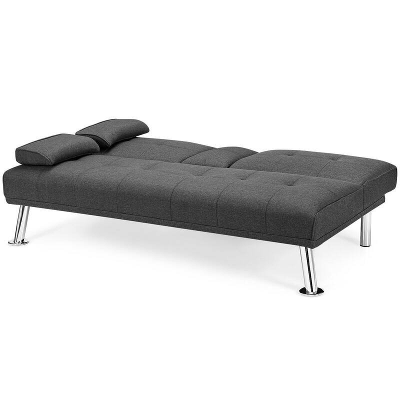 Convertible Folding Futon Sofa Bed Fabric with 2 Cup Holders - 66" x 31.5" x 29.5"