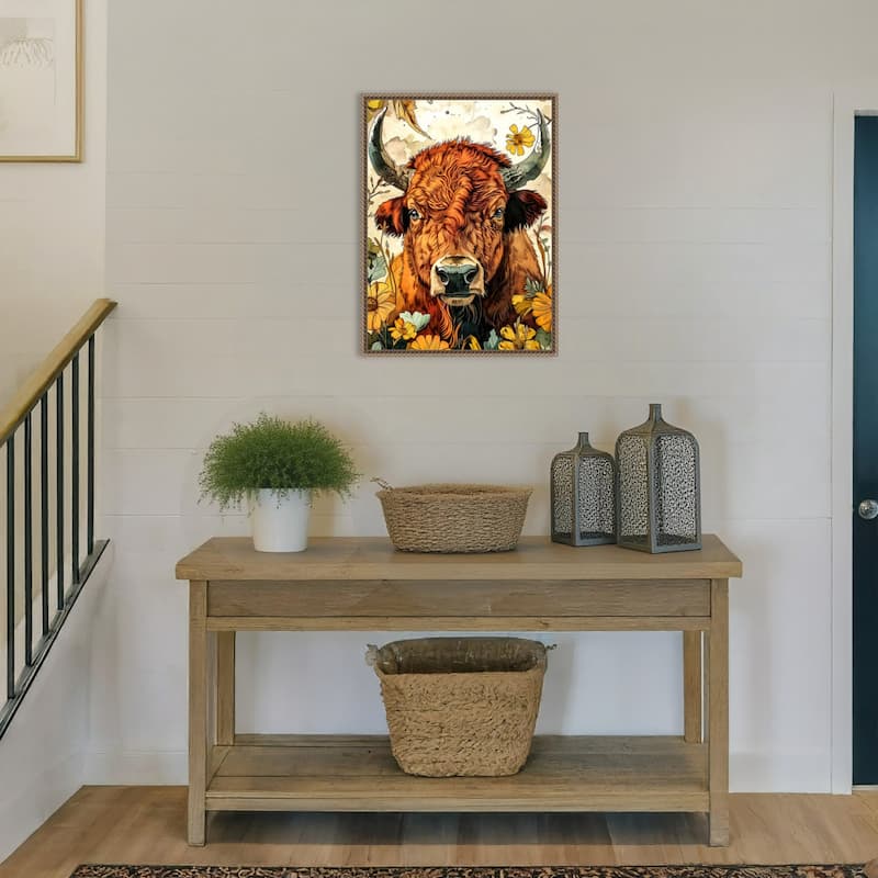 Buffalo in Flowers by Justyna Jaszke Framed Canvas Wall Art