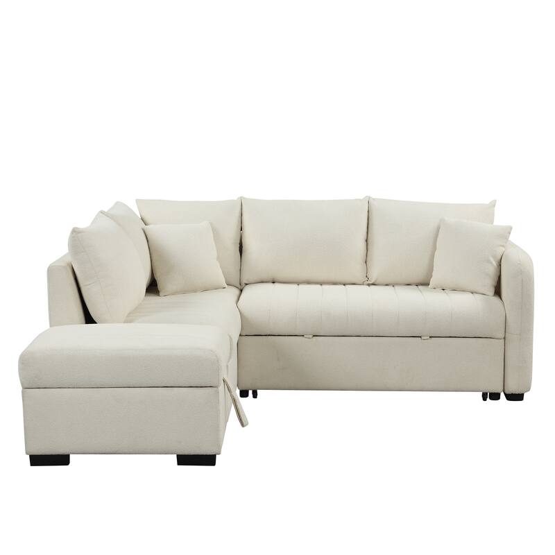 82.6" L-shaped Sectional Pull Out Sofa Bed Sleeper Sofa with Two USB Ports, Two Power Sockets and a Movable Storage Ottoman, Bei