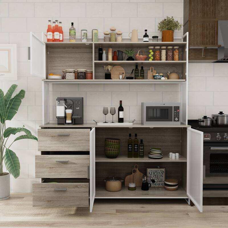 59"W 68.5"H Kitchen Pantry Microwave Storage Cabinet Buffet with Hutch