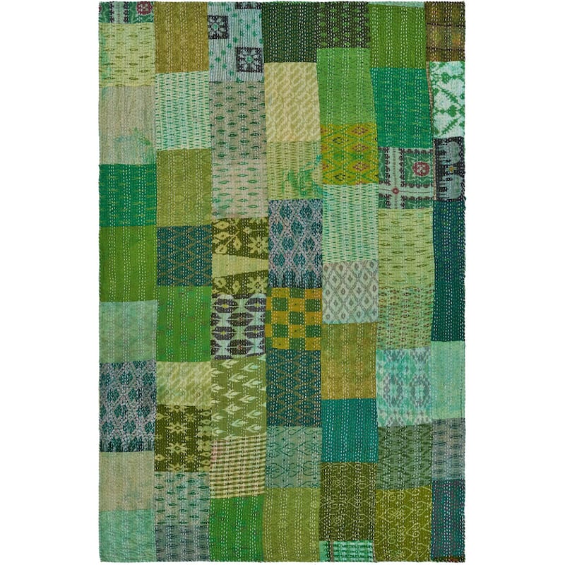 HomeRoots 50" X 70" Green Patchwork Silk Quilted Kantha Throw Blanket with Embroidery