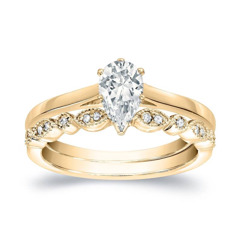 Auriya 14k Gold 1/2ctw Vintage Pear Shape Solitaire Diamond Engagement Ring Set - Yellow - 4