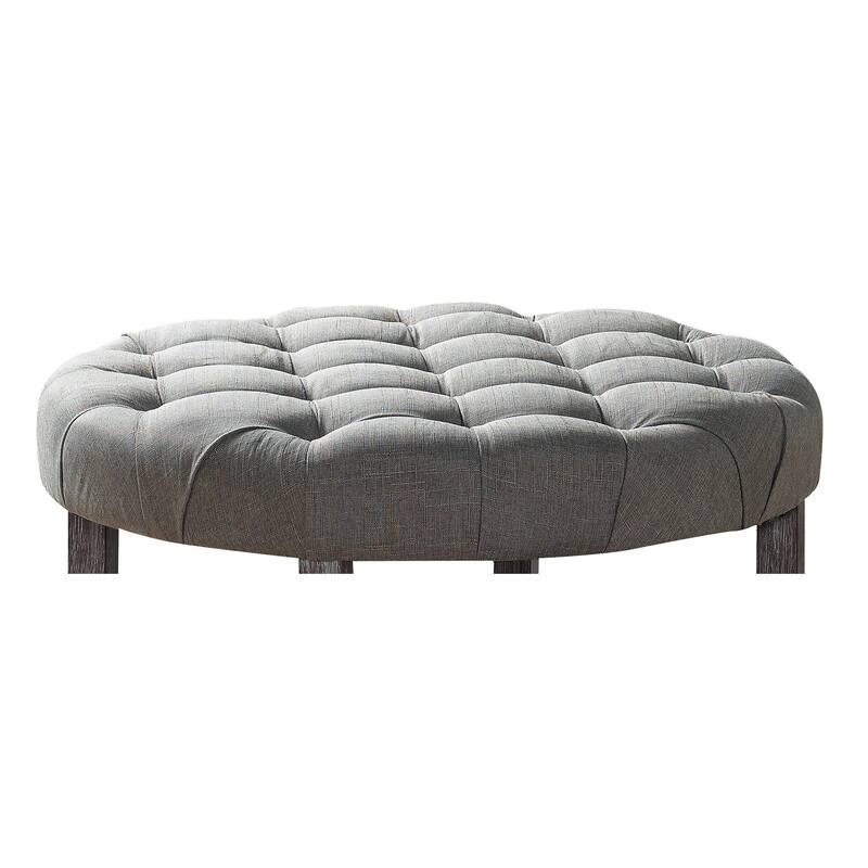 Aquines Farmhouse Round Gray Fabric Solid Wood Tufted Storage Cocktail Ottoman by Furniture of America