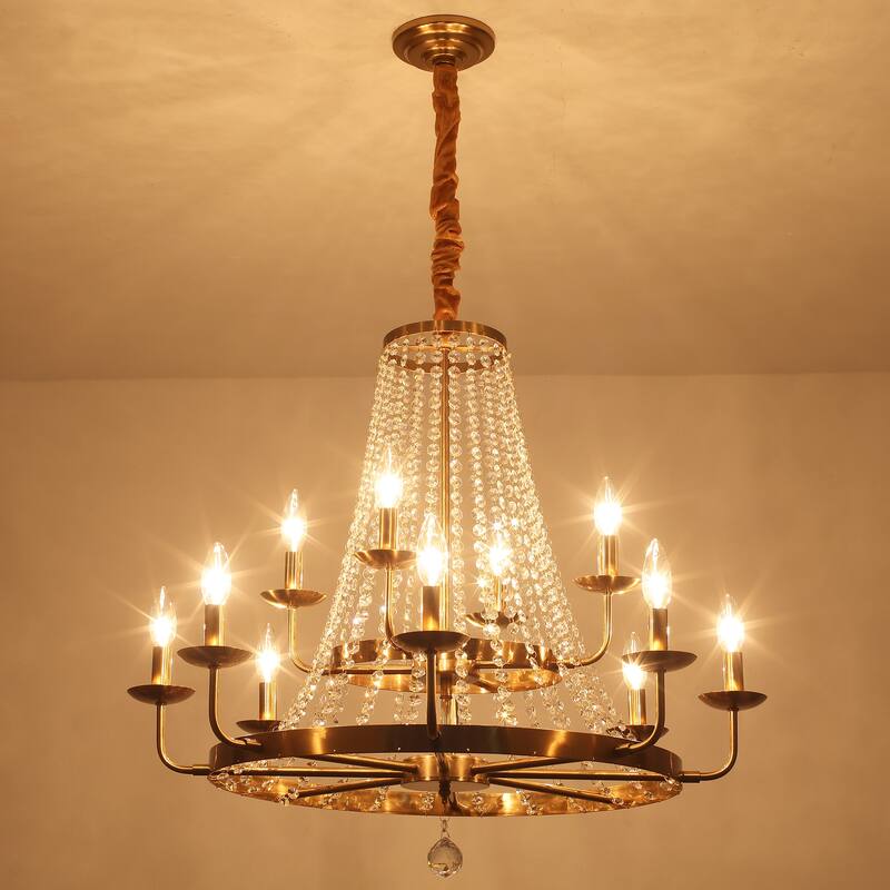 12-Light 29.52-inch Crystal Round Wagon Wheel Chandelier for Dining Room