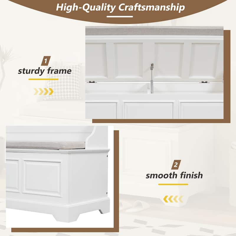 Retro Wooden Shoe Storage Bench with Linen Cushion, Safe Soft-Close Lift Top & Hidden Compartments for Entryway or Hallway