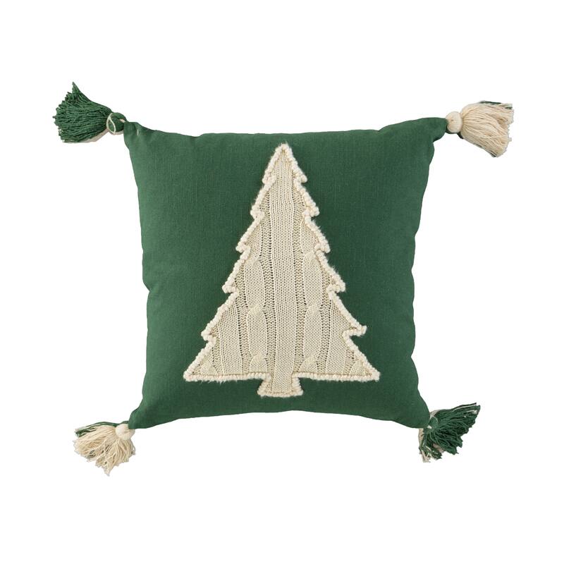 18" Green And Ivory Cotton Christmas Tree Throw Pillow with Tassels