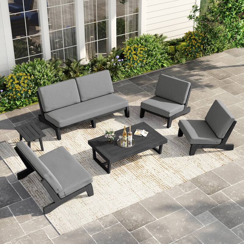 Casual Large Teak Outdoor Patio Conversation Set - Dark Wood - Grey-6 Piece