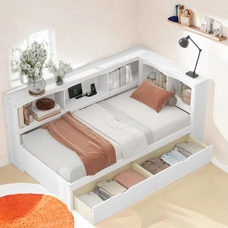 Twin Size Daybed with Bookcase, 2 Storage Drawers, Storage Cabinets and 2 USB Ports