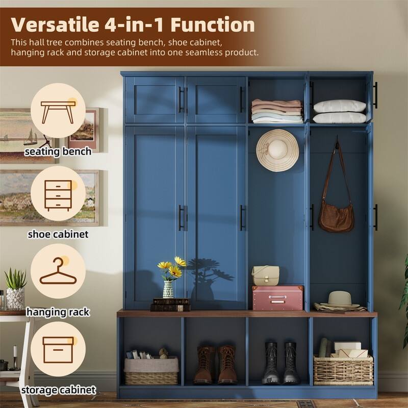 Farmhouse Hall Tree with 4 Hidden Hanging Hooks, Versatile Entryway Bench with 8 Doors, Shoe Cabinet with Open Compartments