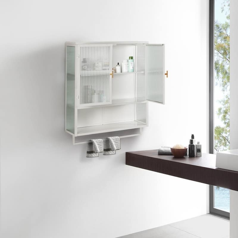 23.62" Modern Fluted Glass Wall Cabinet with Two Doors, Open Shelf & Towel Rack