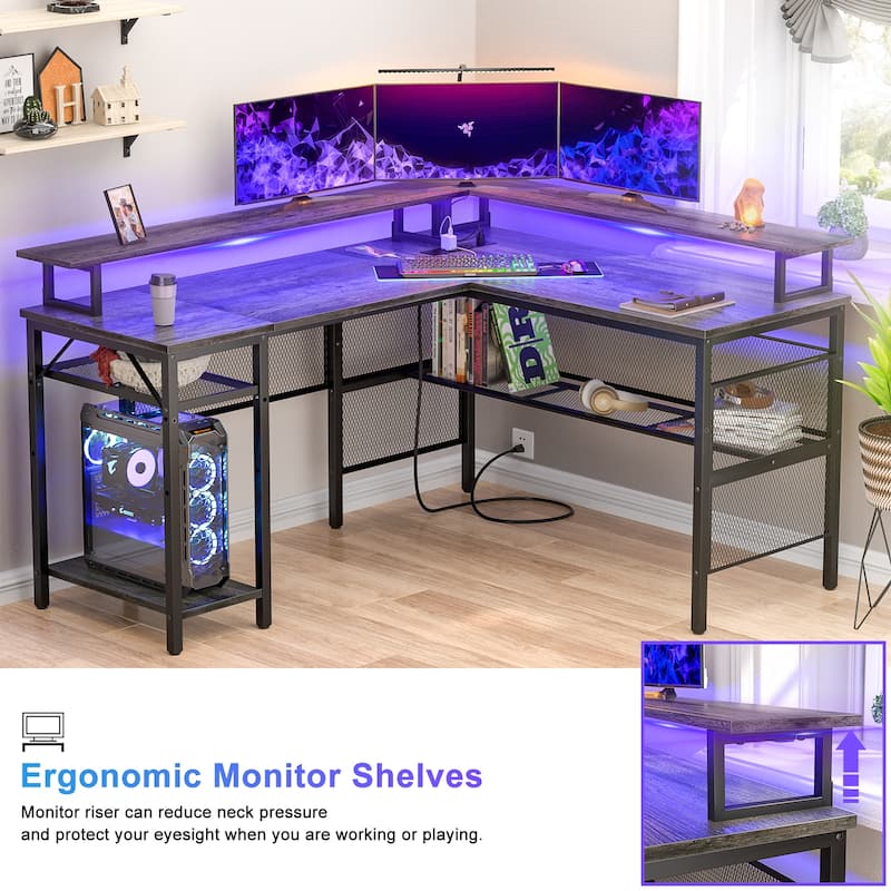 L Shape Computer Desk Reversible Gaming Desk with Charge Station and LED Light