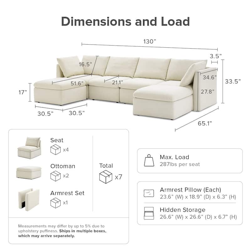 mopio Oversized Modular Sectional Sofa with Fully Removable Covers and Storage (Oat)
