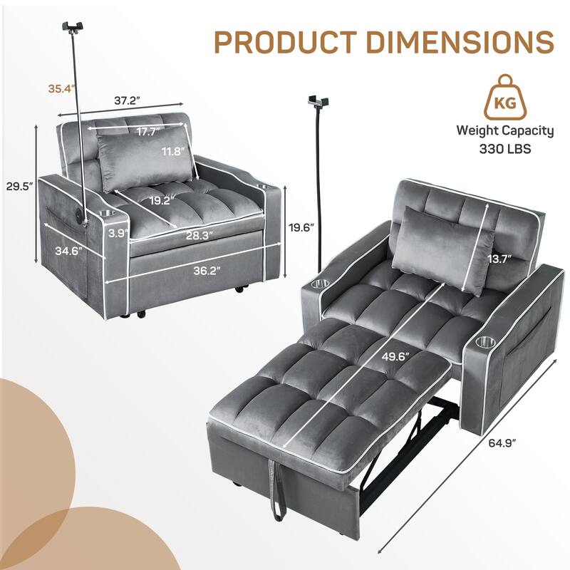 37 in. W 3-in-1 Convertible Chair Bed Suede Pull Out Twin Size Sofa Bed with USB Ports, Cup & Phone Holder