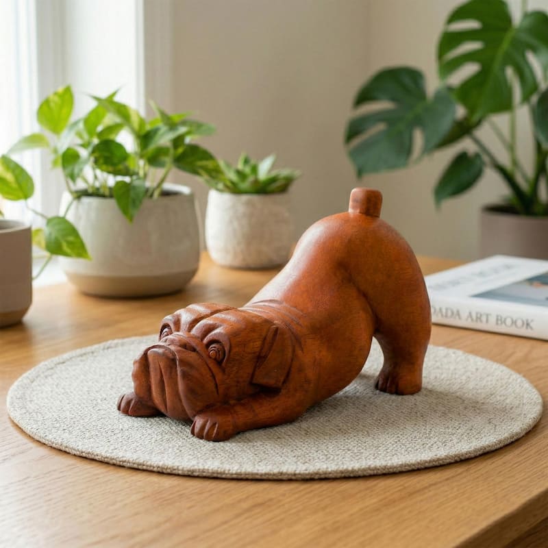 Wooden Hand Carved Crouching English Bulldog Statue Figurine Sculpture Art Decorative Home Decor Accent Handmade Wood Dog