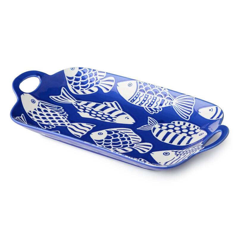 Certified International Fish Tale Porcelain Rectangular Tray with Handles - 14.25"L x 8.00"W x 1.50"H
