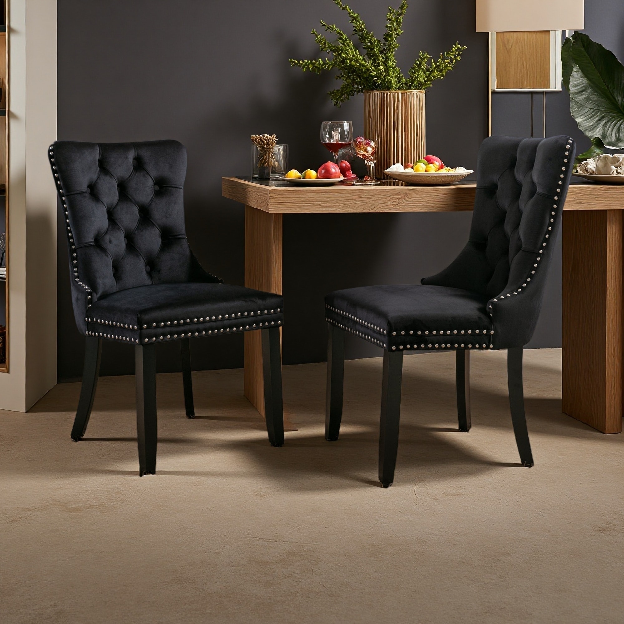 37.4"H Set of 2 High-Back Tufted Velvet Dining Chairs with Nailhead Trim - Solid Wood Legs and Upholstery for Dining Room