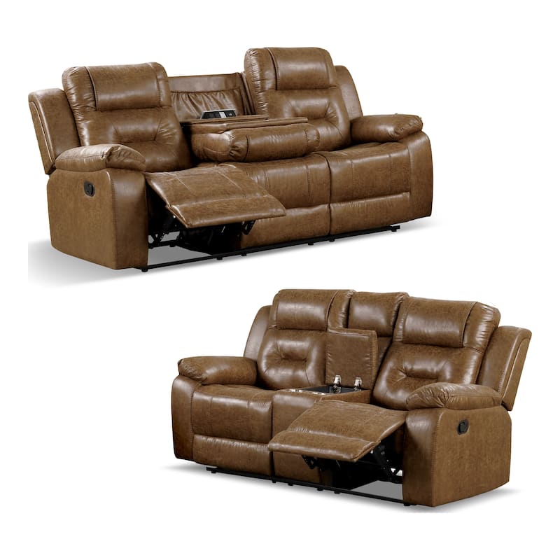 Furniture of America Charlestly Brown 2-Piece Faux Leather Reclining Sofa and Loveseat Set