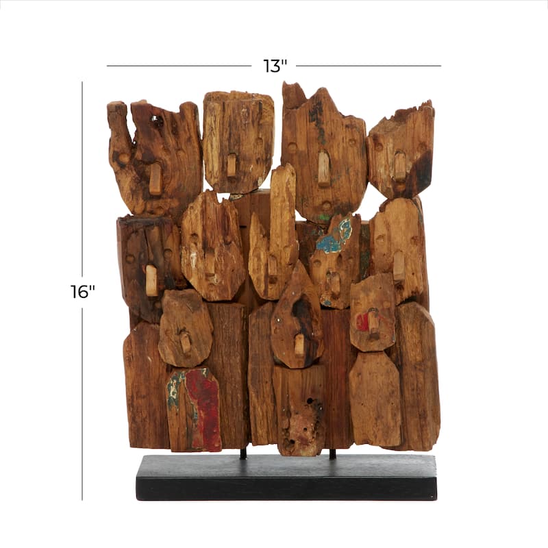 Brown Teak Wood Handmade Carved Abstract Decorative Sculpture with Faces - 13 x 4 x 16
