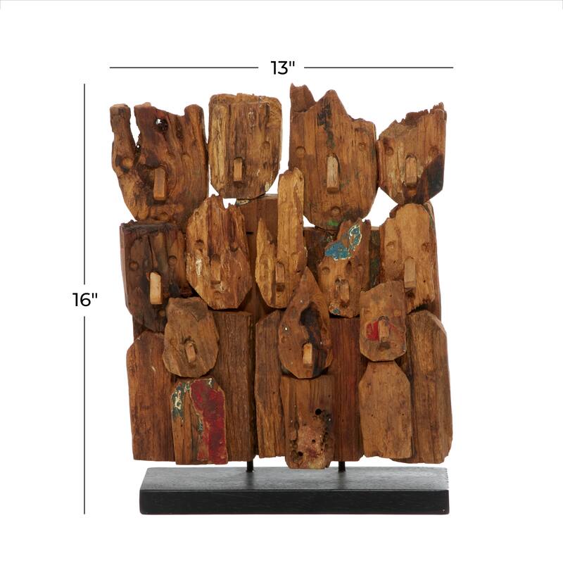 Teak Wood Abstract Handmade Carved Sculpture with Faces - Brown - Roche River Decor - 4"W x 13"L x 16"H