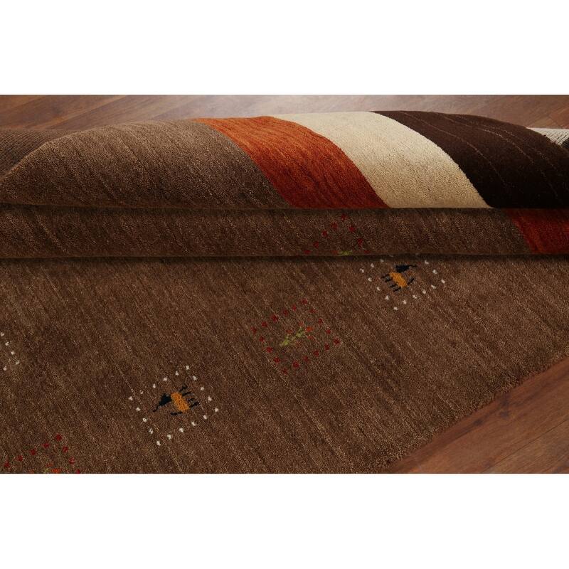 Brown Striped Gabbeh Indian Area Rug Handmade Wool Carpet - 4'10"x 6'11"