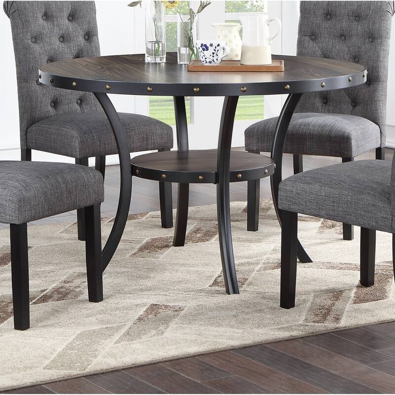 Modern Classic Dining Room Furniture Natural Wood Round Dining Table 4x Side Chairs Charcoal Fabric Tufted Roll Back Top - Grey