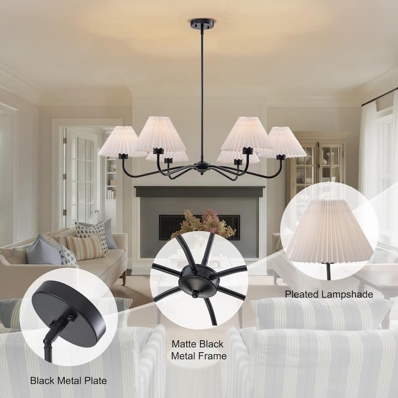 Starsky 6-Light Chandelier with Pleated Fabric Shades Handmade Black & Gold for Dining Room, Kitchen, Living Room and Foyer