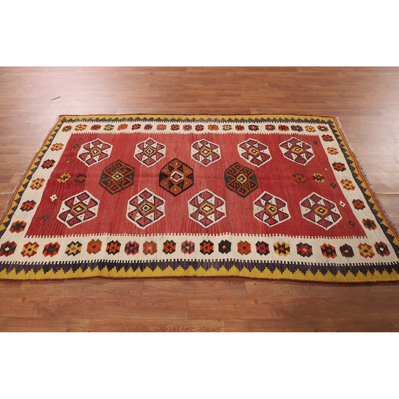 Kilim Qashqai Persian Vintage Rug Hand-Woven Geometric Red Wool Carpet - 4'1"x 6'8"