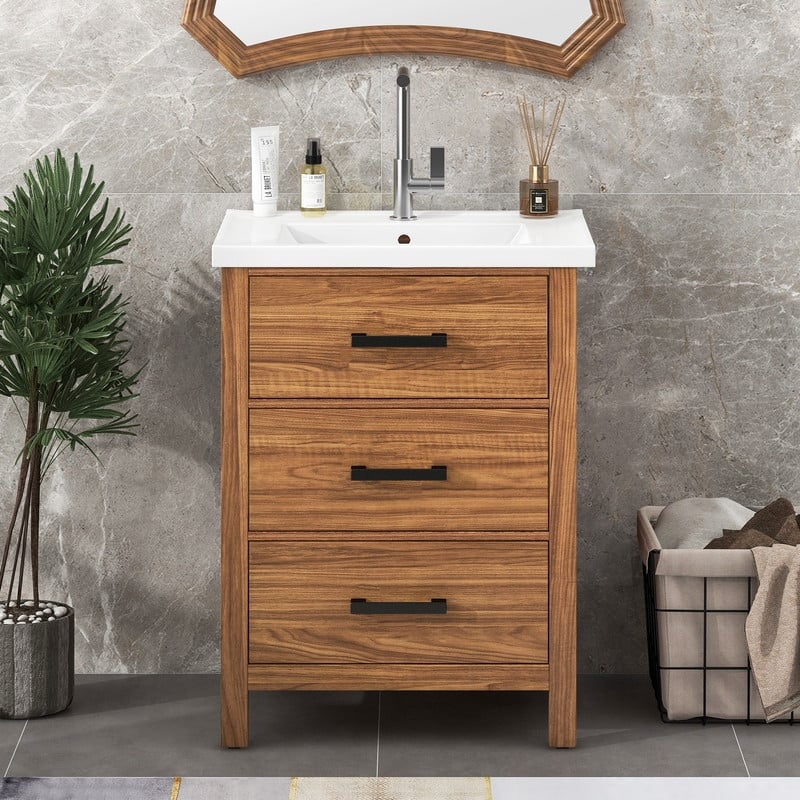 Bathroom Vanity 24 Inch, Small Bath Vanity with Sink, Modern Sink Cabinet, Free Standing Bath Vanity Combo with with 3 Drawers