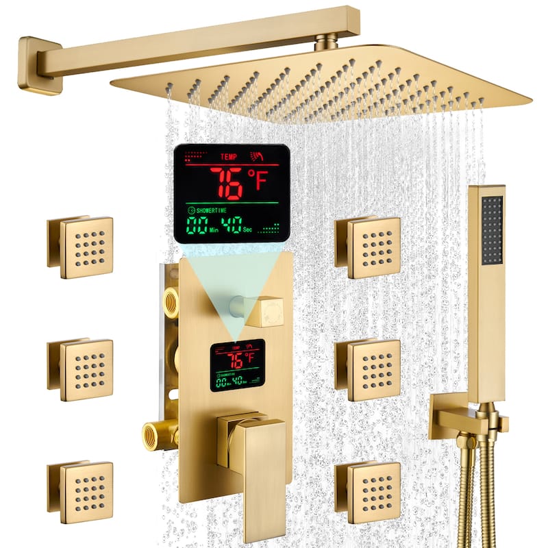 Pressure-Balanced 3-Spray 12 in. Wall Mount Shower System with Handheld Shower Head and 6 Body Jets - 12" x 12" - Brushed Gold