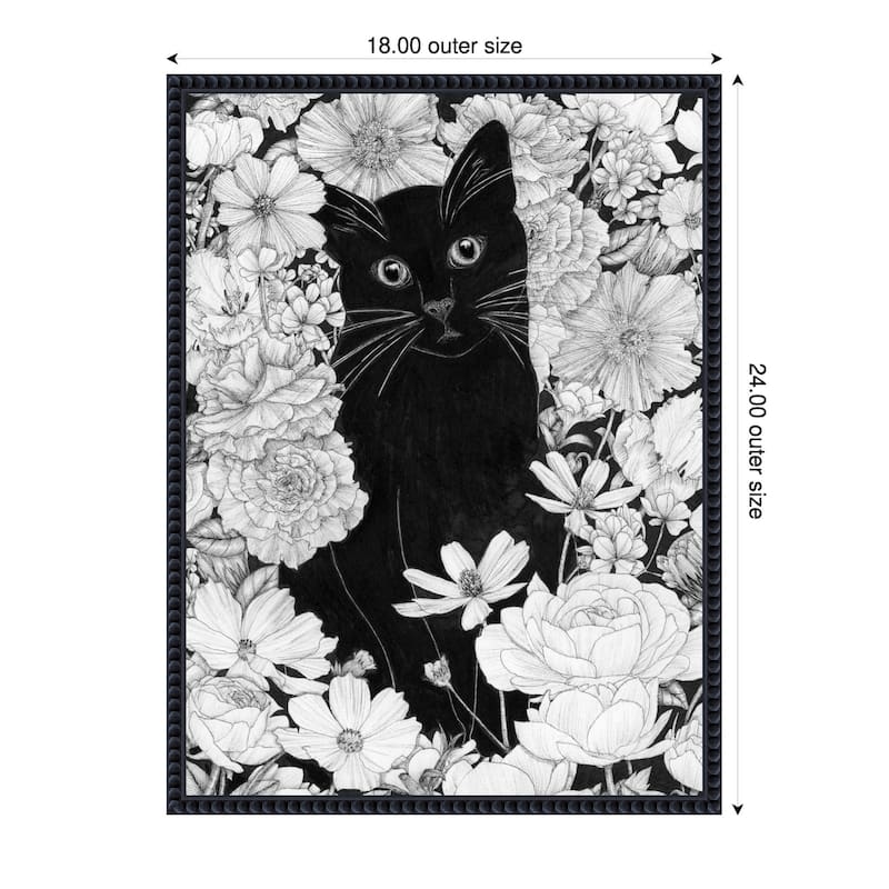 Little Black Garden Cat by Ec Mazur Framed Canvas Wall Art - 18 x 24 in
