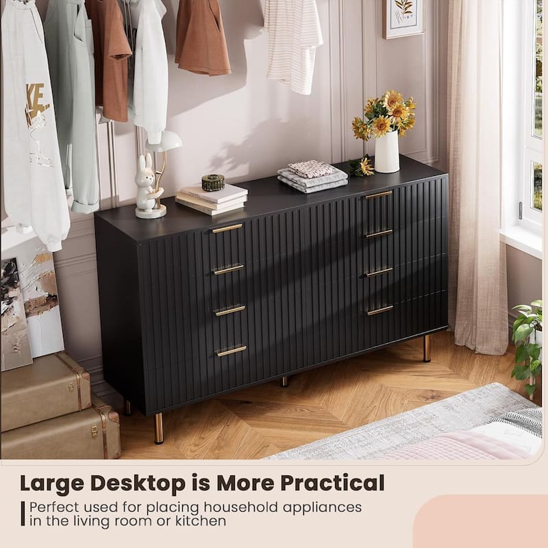 Fluted 8 Drawer Double Dresser for Bedroom, Living Room, Hallway