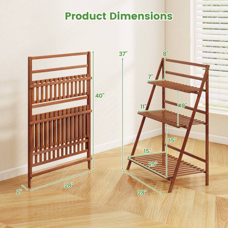 Costway 3 Tier Folding Shelf Stand Bamboo Flower Pot Display Rack - 27.5''x16''x38''(LxWxH)