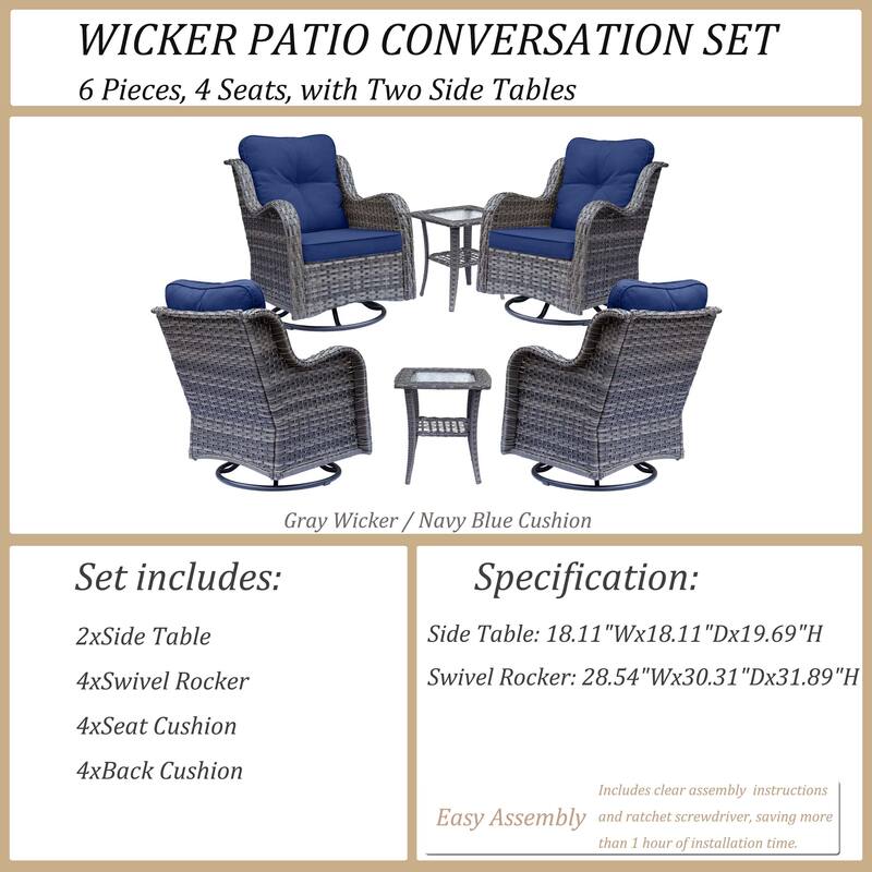 6 Piece Outdoor High Back Wicker Patio Conversation Swivel Chairs Sets