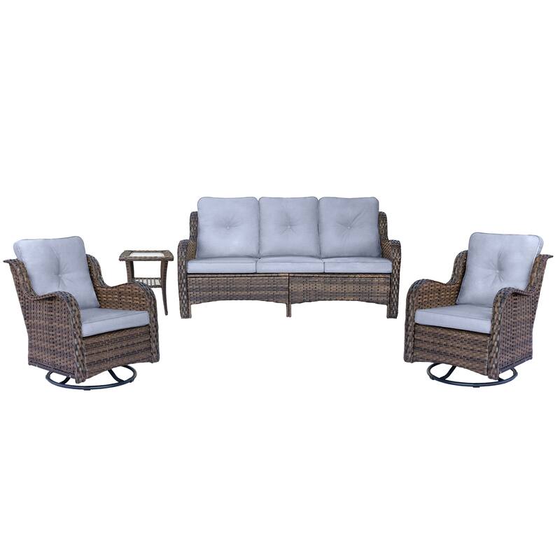 High Back 4-Piece Outdoor Wicker Patio Furniture Seating Sofa Set with Swivel Chairs