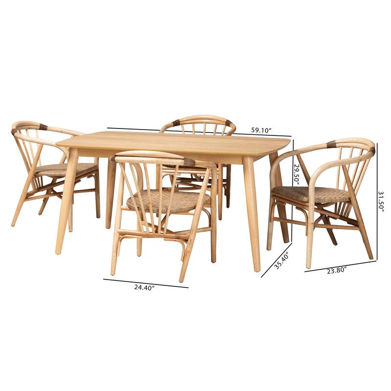 Kyoto Modern Bohemian Natural Brown Finished Wood and Rattan 5-Piece Dining Set