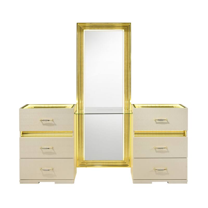 Furniture of America Saven Modern 2-Piece 6-Drawer Vanity Set with LED Light and Full-Length Mirror