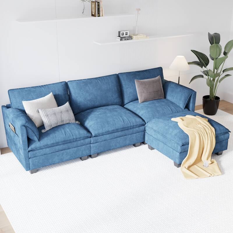 L-Shaped Sectional Sofa with Movable Ottoman, Fabric Upholstered 3 Seater Sofa, Deep Seat Sofa with Side Pockets