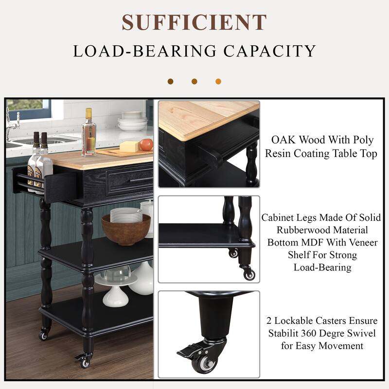 Open 2-sided Kitchen Island on Wheels with OAK Wood Top, Portable Rolling Kitchen Cart with Towel Rack and Spice Rack, Black