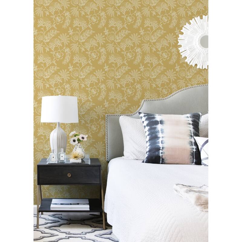 A-Street Prints Maeve Mustard Jacobean Trail Wallpaper