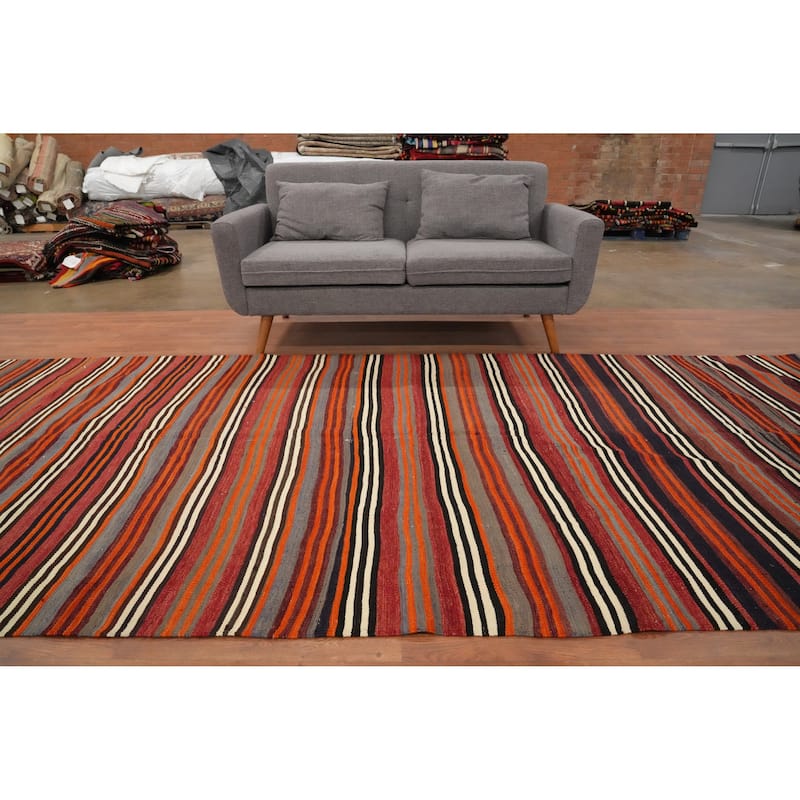 Hand Woven Oriental 100% Wool Carpet Southwestern Geometric Oranges & Rust Kilim Area Rug - 12' 8'' X 5' 3''