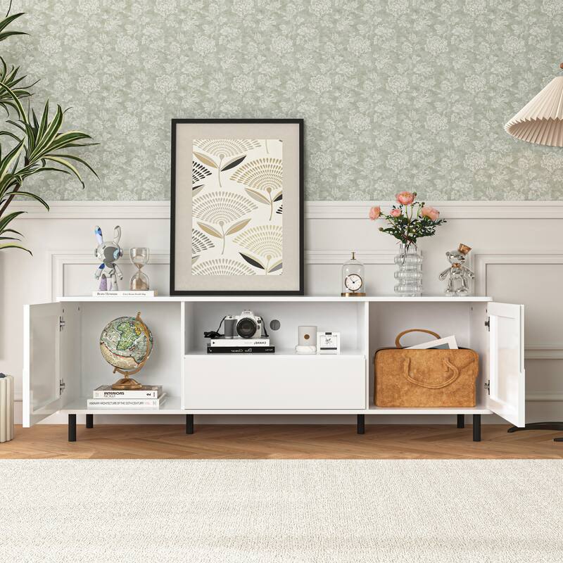 Modern Cream white TV Console with 4 Storage Spaces and 2 Shelf and for Living Room Bedroom and Study