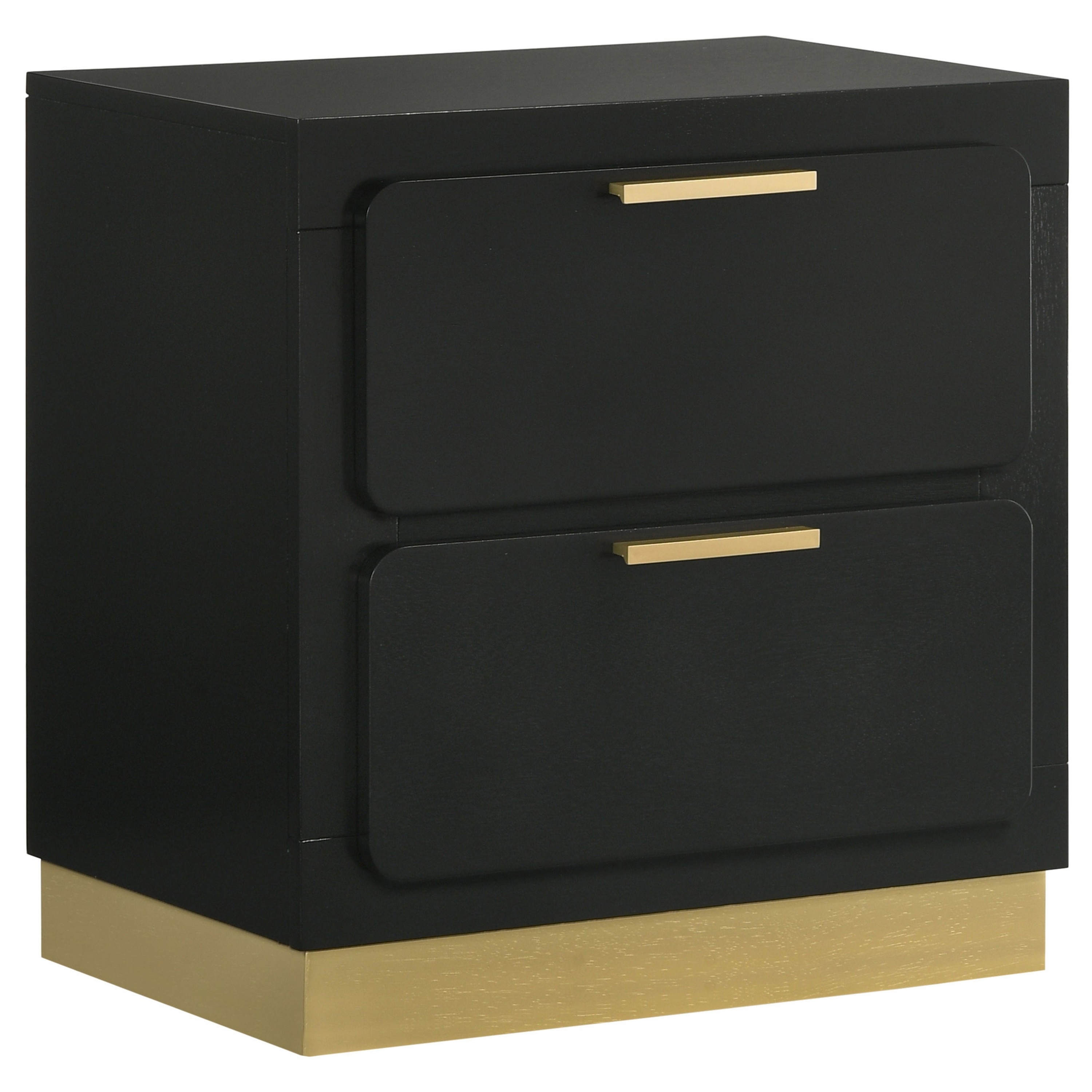 Benjara Caer Nightstand, 2 Drawers, Gold Accent Recessed Base, Bar Handles, Black