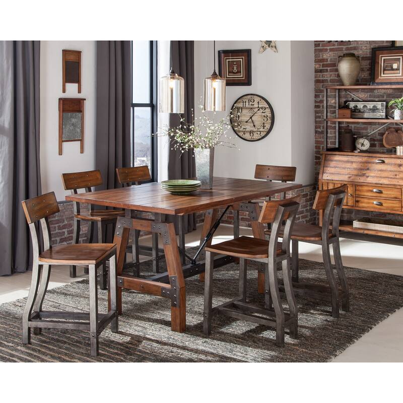 Rustic Brown and Gunmetal Finish Wooden Counter Height Chairs 2pc Set