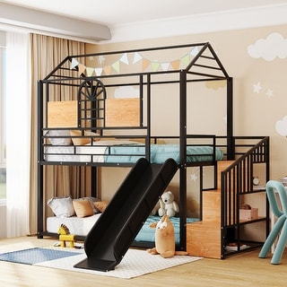 House-shaped Metal Bunk Bed with Storage Stair and Slide, Twin