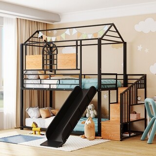 Twin Over Twin Bunk Bed House Bed with Slide and Storage Stair for Home ...