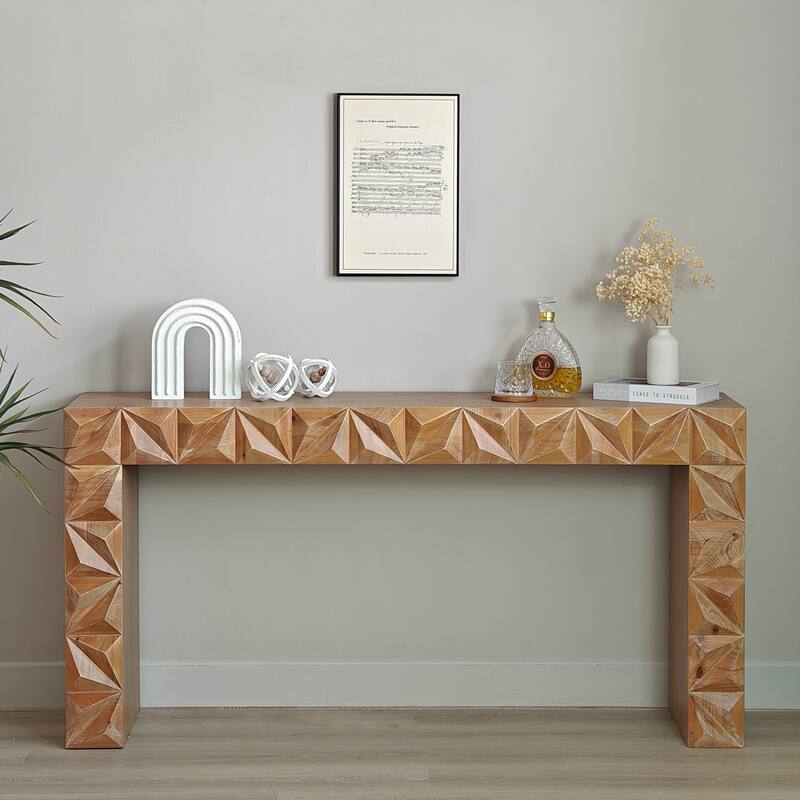 Modern Geometric Wooden Console Table - Dark Brown Finish with Handcrafted 3D Design