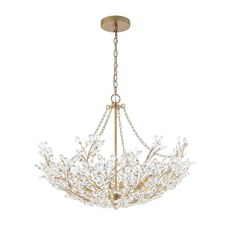 French Luxury Antique Brass Bloom Crystal Flower Chandelier - 28in