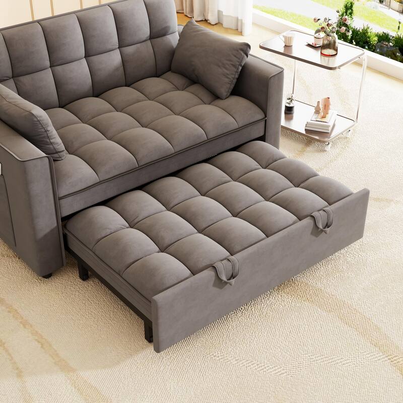 Anmytek Modern Velvet Small Loveseat Pull Out Sleeper Sofa Bed with Pillows and Side Pockets