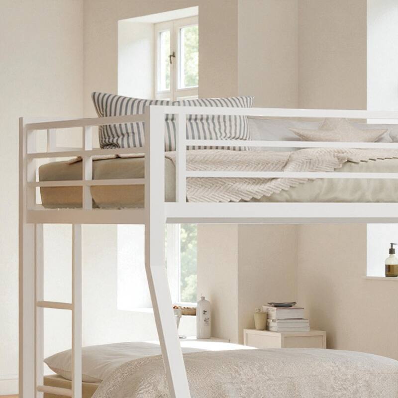 Full Size Metal Bunk Bed with Ladder and Rolling Trundle, Square Tube Frame, Heavy-Duty Triple-Sleeper for Home or Dorm